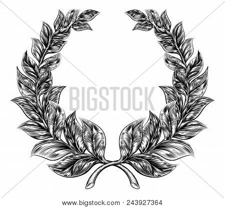 An Original Illustration Of A Laurel Wreath In A Vintage Woodblock Or Woodcut Style