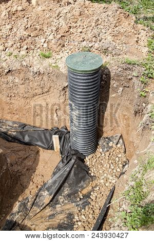 Drainage Pipes And Inspection Well For Removal Of Water From A Site Under Construction Of The House