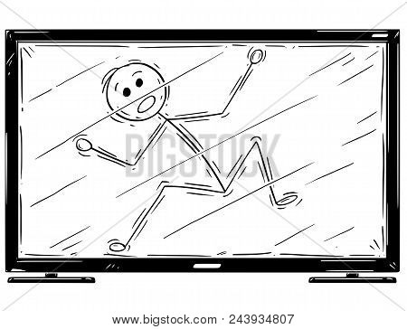 Cartoon Stick Drawing Conceptual Illustration Of Man Trapped Inside Television Or Tv Set. Concept Of