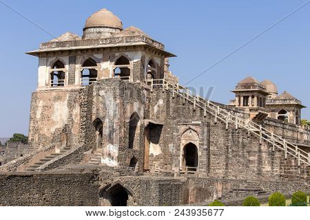 Jahaz Mahal , Ship Palace In Sunrise. Mandu, Madhya Pradesh. India. Old Indian Architecture On The B