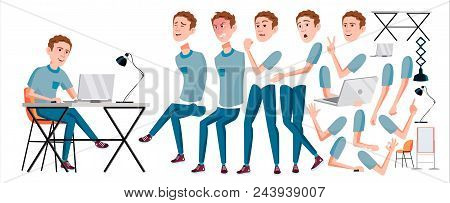 Office Worker Vector. Face Emotions, Various Gestures. Animation Creation Set. Adult Business Male. 