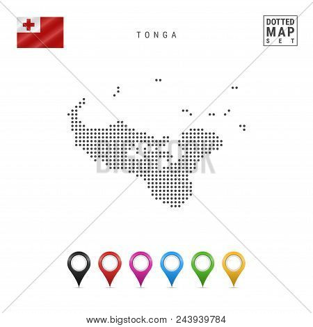 Dotted Map Of Tonga. Simple Silhouette Of Tonga. The National Flag Of Tonga. Set Of Multicolored Map