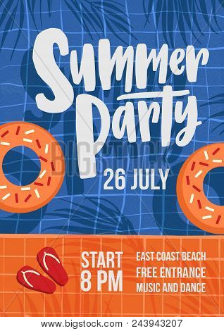 Modern Flyer Or Poster Template For Summer Open Air Party With Swimming Pool, Swim Rings, Shadows Of