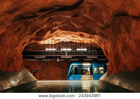 Sweden, Stockholm - Aprl 27, 2018: Modern Designed Radhuset Metro Station In Stockholm, Sweden