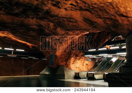 Sweden, Stockholm - Aprl 27, 2018: Modern Designed Radhuset Metro Station In Stockholm, Sweden