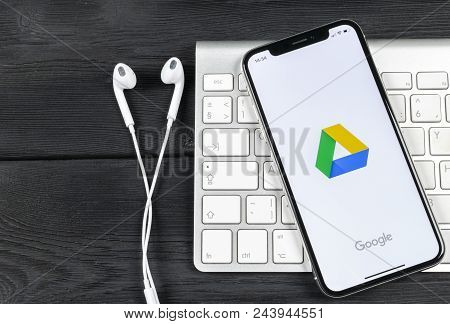 Sankt-petersburg, Russia, June 2, 2018: Google Drive Application Icon On Apple Iphone X Screen Close