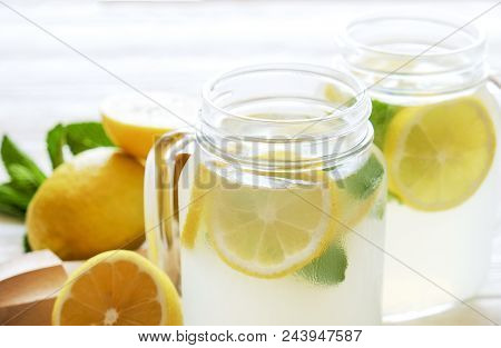 Summer Healthy Non Alcoholic Cocktails, Citrus Infused Water Drinks, Lemonades With Lime Lemon Or Or