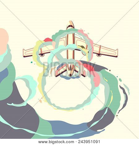 Plane Taking Off. Colorful Clouds. Travel. Trail. Vector Illustration
