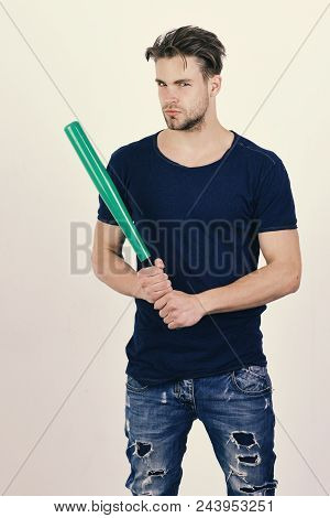 Brave Man. Brutal Man. Man With Bristle On White Background. Player With Confident Face Plays Baseba