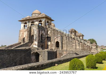 Jahaz Mahal , Ship Palace In Sunrise. Mandu, Madhya Pradesh. India. Old Indian Architecture On The B