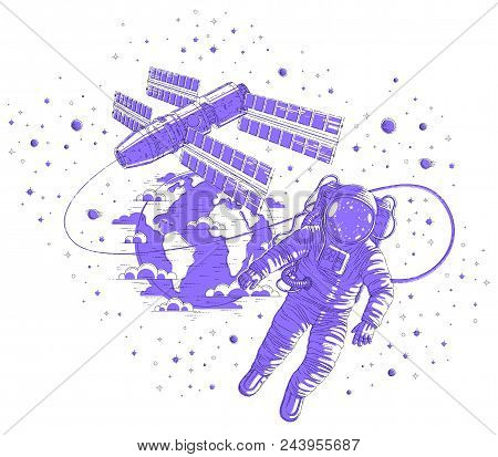 Astronaut Went Out Into Open Space Connected To Space Station And Earth Planet In Background, Spacem