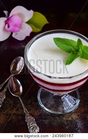 Panna Cotta. Layered Vanilla Milk Berry Dessert. Pannacotta In Glass With Strawberry Jello. Traditio
