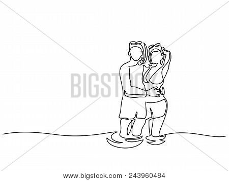 Continuous Line Drawing. Young Couple Is Enjoying In Mask For Snorkeling. Vector Illustration. Conce