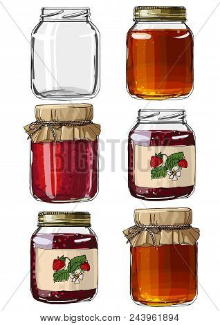 Set Jars For Jam, Empty Cans, Cover, Packaging, A Black Line On A White Background. Vector Skech Foo