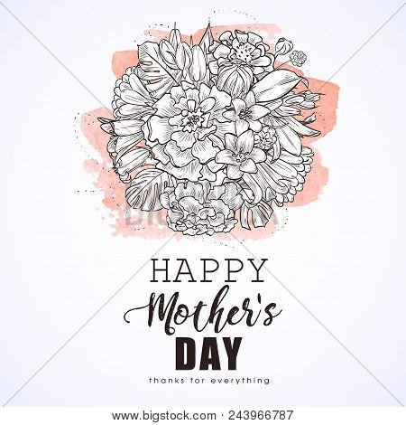 Greeting Card To Mothers Day With A Bouquet Of Marygold And Bluebells Flowers On Watercolor Stain