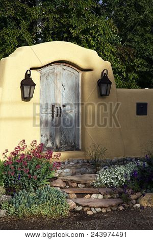 Pale Blue Gateway Near Canyon Road In Santa Fe New Mexico