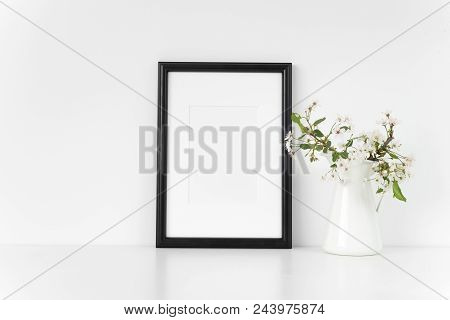 Frame Mock Up With Spring Cherry Bouquet. Mock Up For Your Photo, Design Or Text.