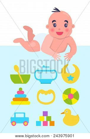 Lying On Bright Blue Floor Newborn With Toys And Dishware, Vector Illustration With Cute Happy Child