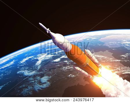 Space Launch System Over The Earth. 3d Illustration.