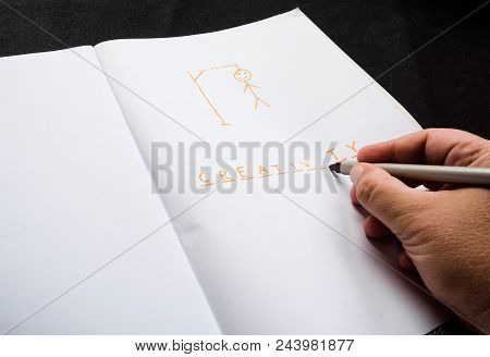 Hangman Traditional Game. Hand With Marker, Highlighter Writes Word Creativity