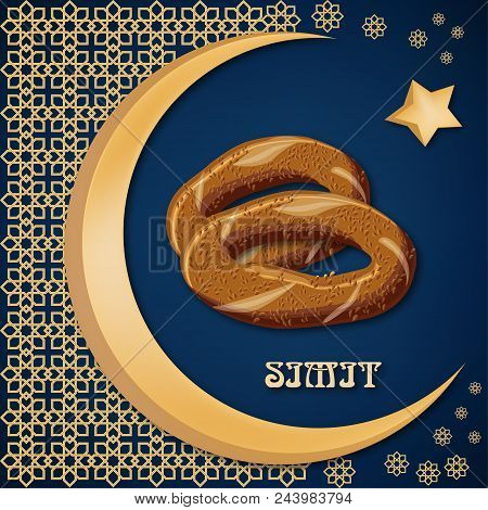 Turkish Traditional Delicious Aromatic Bagel Simit On Decorated Background With Golden Moon, Star An