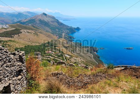 Maratea, Italy - June 20, 2017: Summer Tyrrhenian Sea Coast View From San Biagio Mountain Hill (road