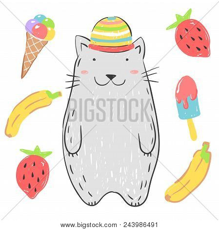Funny Little Kitten In Hat With A Banana, Strawberries And Ice Cream. Illustration About Animals For