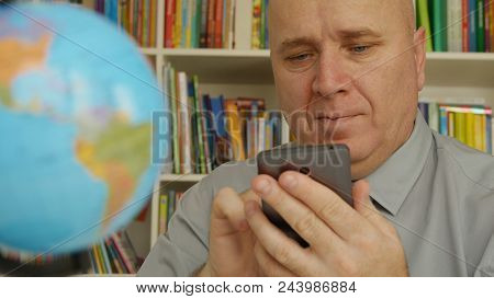 Businessman Inside Office Room Text Using Cell Phone