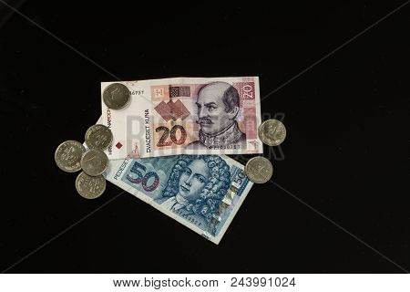 Kuna - Croatian Currency, Coins And Paper Notes Isolated On Black