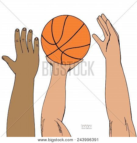 Male Hands Reaching For Basket Ball. Strugglng For Victory. Playing, Holding, Throwing. Hand Drawn C