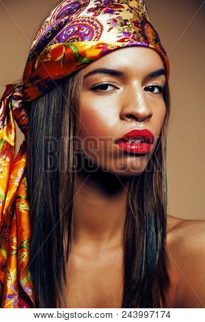 Beauty Bright Real African Woman With Creative Make Up, Shawl On Head Like Cubian Closeup Smiling