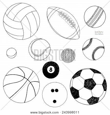 Vector Set Of Sport Balls. Hand Drawn Colored Sketch. Isolated On White Background.