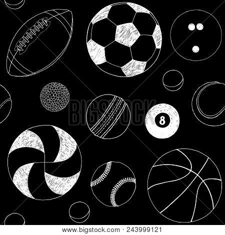 Seamless Pattern With Set Of Sport Balls. Hand Drawn Vector Sketch. White Sport Items On Black Backg