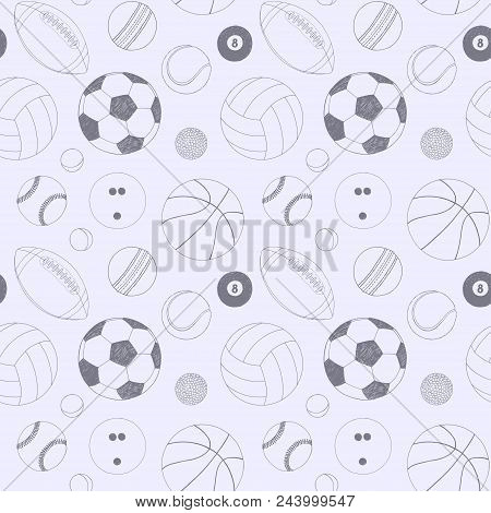 Seamless Pattern With Set Of Sport Balls. Hand Drawn Vector Sketch. Gray Sport Items For Background.