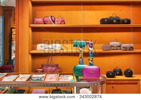 DUBAI, UAE - CIRCA JANUARY 2019: interior shot of Gucci store in Dubai International Airport.