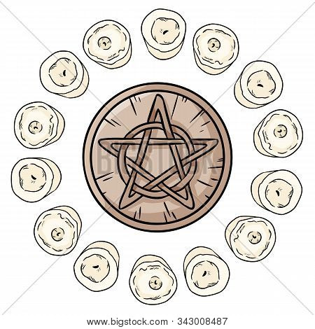 Pentacle Occult Sign In A Circle Of White Candles. Wooden Pentagram Hand Drawn Magic Doodle. Wiccan 