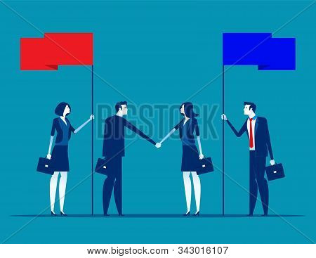 Agreement With Partnership. Concept Business Vector Illustration, Shaking Hands, Flags, Achievement,