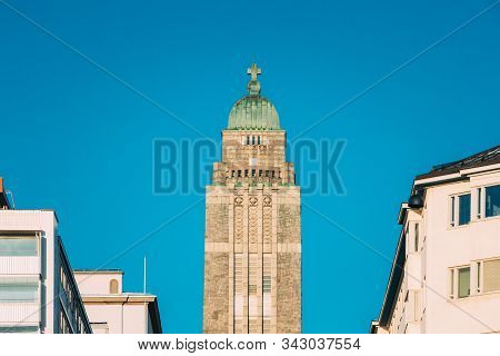 Helsinki, Finland. View Of Lutheran Kallio Church In Winter Day. Close Up.