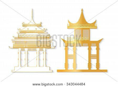 Golden And White Japan Gate With Decorated Roof Isolated In Flat Style. Torii Gateway Sign, Japanese