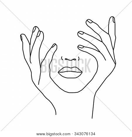 Beautiful Woman's Face With Closed Eyes By Hands On White Background. Vector.