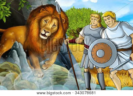 Cartoon Scene With Greek Or Roman Warrior Or Philosopher Fighting Nemean Lion - Illustration For Chi