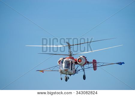 Bucharest/ Romania - Aeronautic Show - September 21, 2019: Ka 26 Helicopter Flying In The Sky.