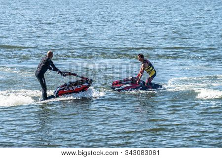 Bucharest/ Romania - Aeronautic Show - September 21, 2019: Jetski Freestyle Team Doing Some Incredib