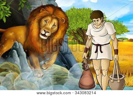 Cartoon Scene With Greek Or Roman Warrior Or Philosopher Fighting Nemean Lion - Illustration For Chi