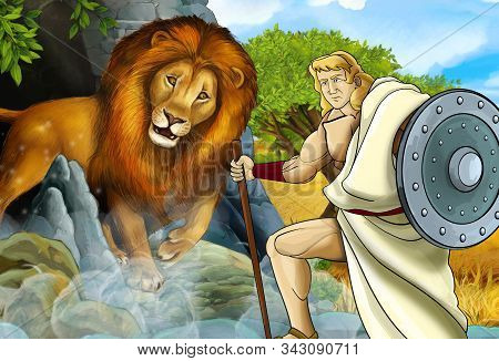 Cartoon Scene With Greek Or Roman Warrior Or Philosopher Fighting Nemean Lion - Illustration For Chi