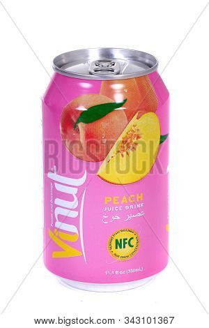 Novyy Urengoy, Russia - January 4, 2020: Aluminium Can Of The Vinut Peach Juice Drink Isolated Over 
