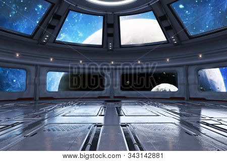 Modern Futuristic Spaceship Interior Background. 3d Rendering