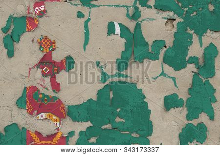Turkmenistan Flag Depicted In Paint Colors On Old Obsolete Messy Concrete Wall Closeup. Textured Ban