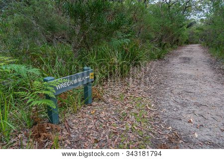 Wreck Walk Direction Sign And Hiking Trail, Path Among The Forest. Abrahams Bosom Reserve, Australia