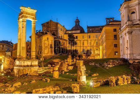 The Temple Of Apollo Sosianus In Rome, Italy, At Twilight